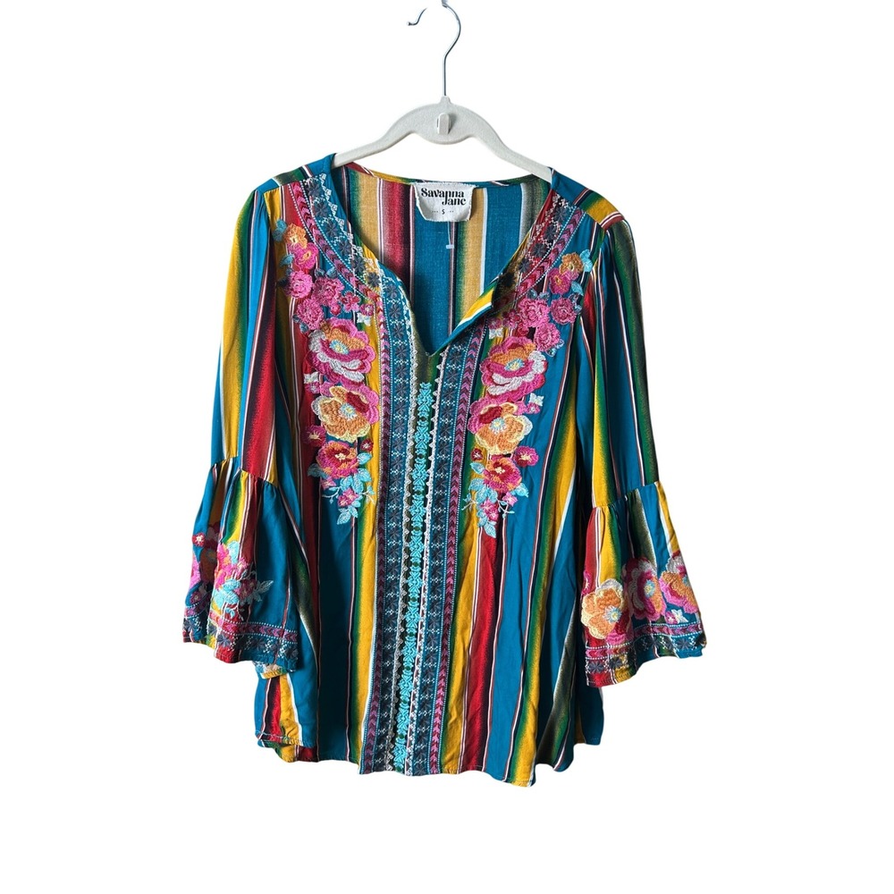 Savanna Jane Embroidered Floral Striped‎ Bell Sleeve Blouse Top Size S